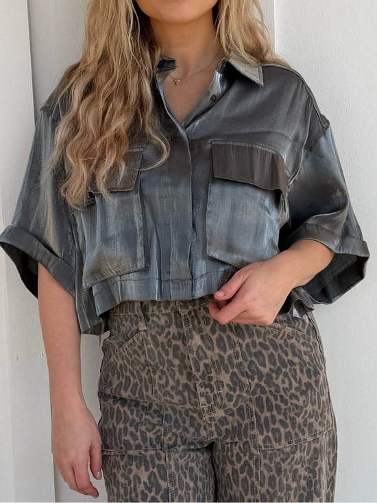 Tops - Shimmer Metallic Grey Boxy Button Down Boutique Blouse
